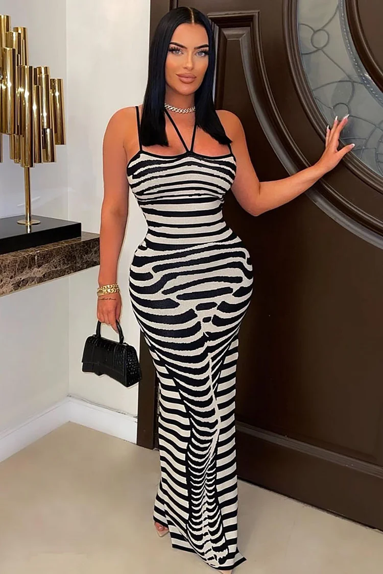 Knit Zebra Print Cami Bodycon Vacation Maxi Dresses