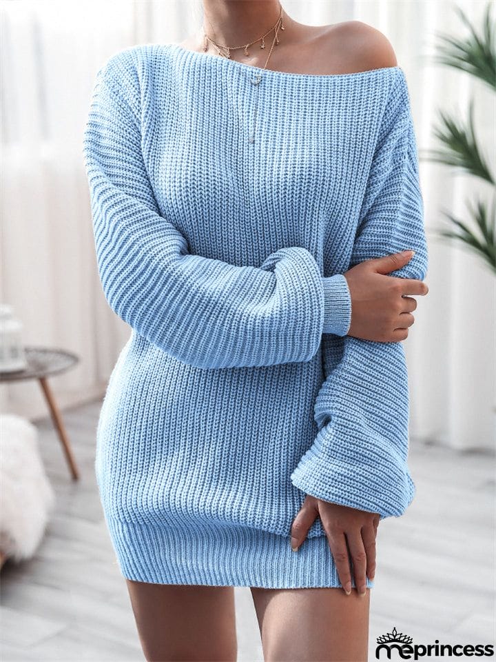 Comfortable Pullover Off-The-Shoulder Casual Loose Knit Sweater Mini Dress