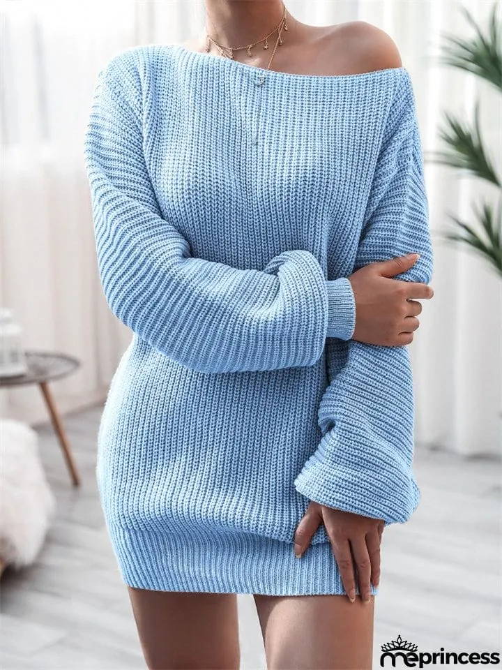 Comfortable Pullover Off-The-Shoulder Casual Loose Knit Sweater Mini Dress