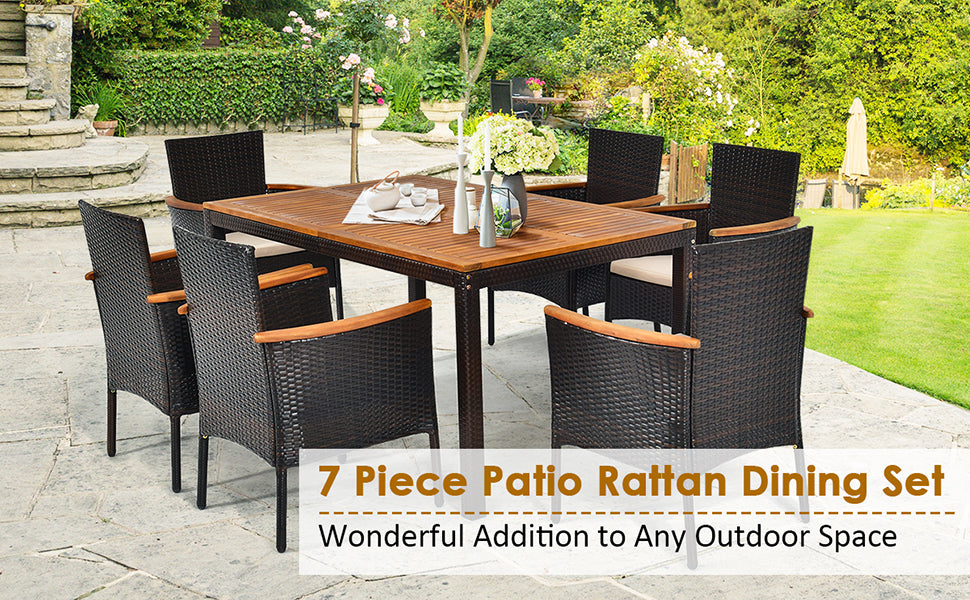 7 Piece Rattan Patio Dining Set with Acacia Wood Table & Stackable Wicker Chairs