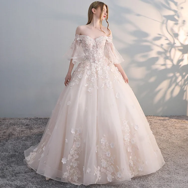 Women's Evening Dress Ball Gown Princess Quinceanera Wedding Dresses Off-Shoulder Flare Sleeve Floor-Length Wedding Dress Slimming Tulle Tutu Dress