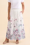 Purple Floral Print Eyelet Tiered Maxi Skirt, 100% Cotton Smocked Waist Boho Long Skirt with Pockets, Casual Summer A-Line Skirt for Women