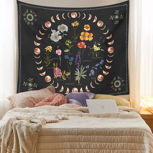 Psychedelic Moon Phase Tapestry Bohemia Flowers Plants Pattern Blanket Tapestry Bedroom Bedspread Decoration Sky Carpet
