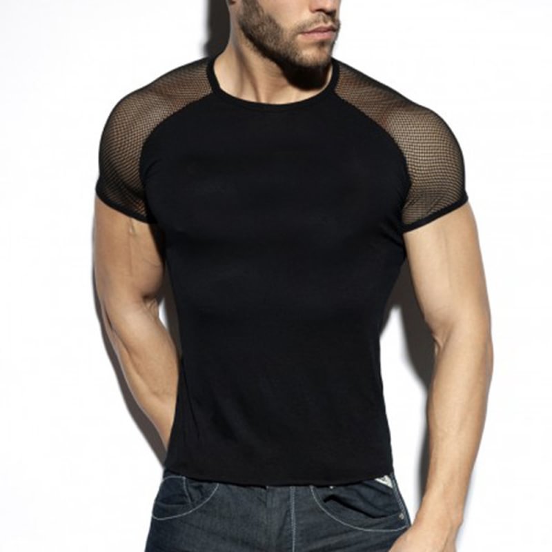 Men's Short Sleeve Casual Streetwear Mesh Patchwork T-Shirts-VESSFUL