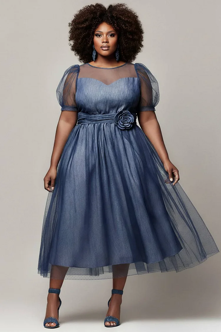 Xpluswear Design Plus Size Cocktail Party Tulle Blue Round Neck Short Sleeve Contrast See Through Tencel Denim Midi Dresses [Pre-Order] 2024 - Xpluswear