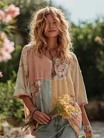 Women's Rose Floral Patchwork Casual Vacation Linen Blend T-shirt