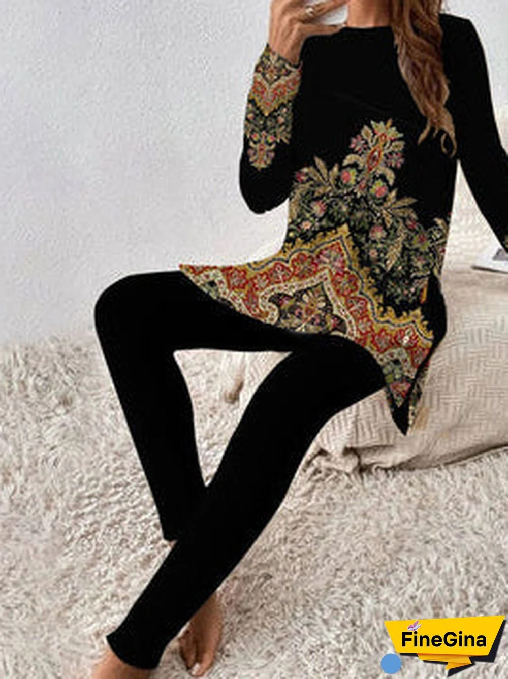 Women Casual Long Sleeve Round Neck Graphic Two-Piece Set