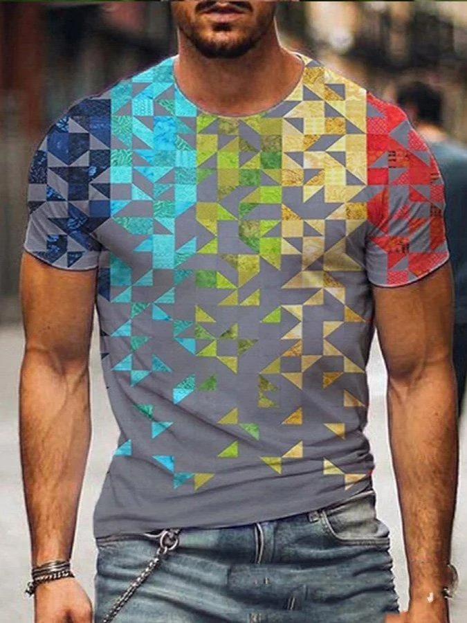 Gray Printed Cotton Casual Crew Neck Shirts & Tops
