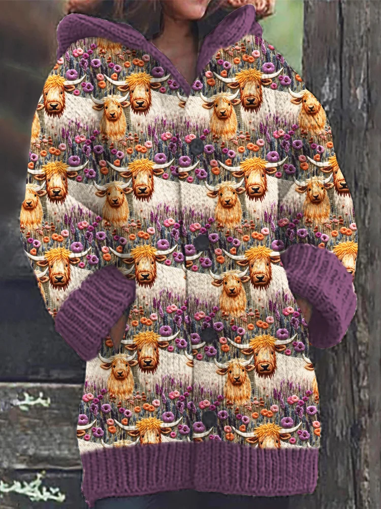 VChics Highland Cow & Floral Embroidery Cozy Knit Cardigan