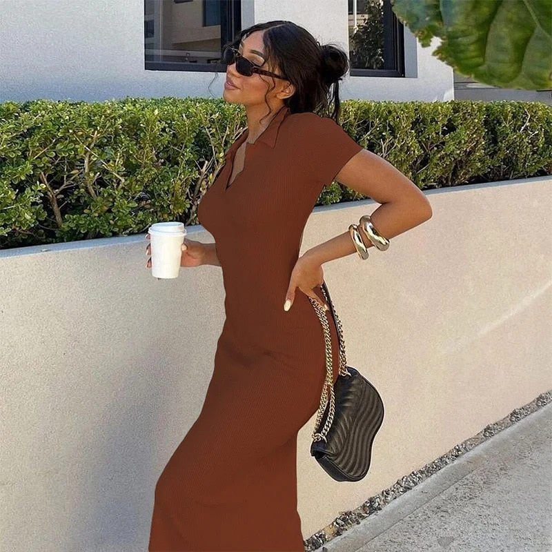 Cryptographic Sexy Backless Cut Out Tie Up Women Midi Dress Autumn 2021 Short Sleeve Turn-down Collar Elegant Dresses Knitted