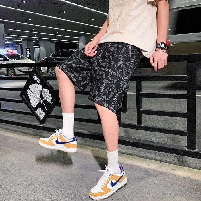 Aonga Men's Fashion Denim Shorts Summer Thin Baggy Straight Check Print Korean Style Short Jeans Hip Hop Casual Streetwear Male aonga