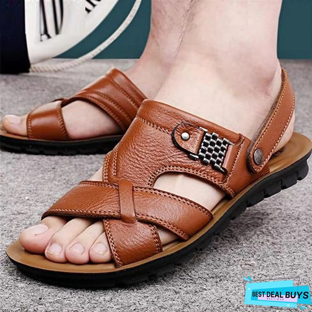 Men's Genuine Leather Casual Non-Slip Sandals Beach Slippers Shoes