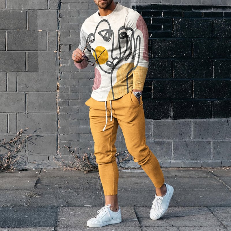 Artistic Face Wave Point Line T-Shirt And Pants Co-Ord