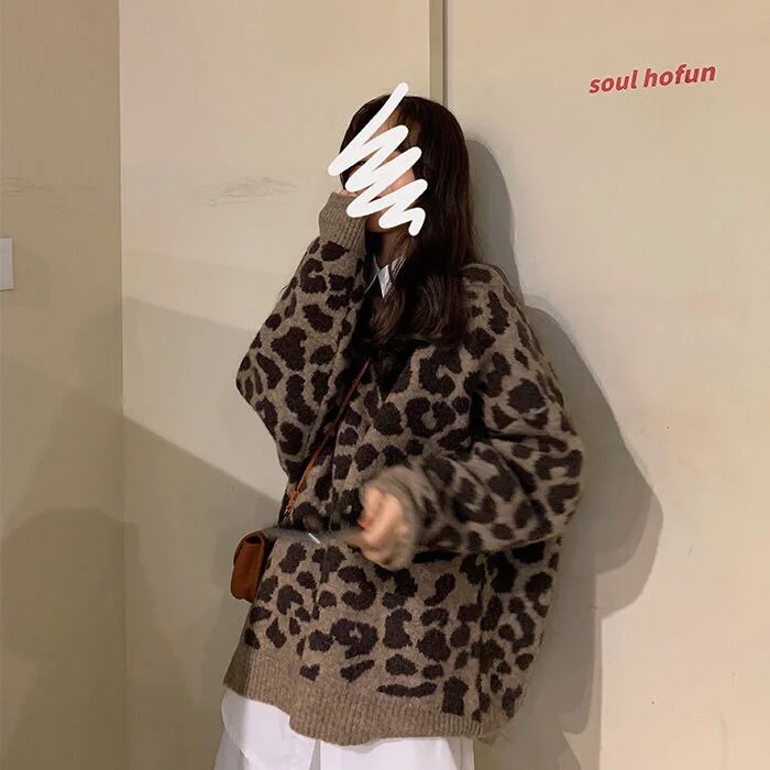 Women Leopard Pullovers Knitting Loose Harajuku Cool Girls Soft O-neck Trendy Slouchy Female Sweaters Teenagers High Quality Hot