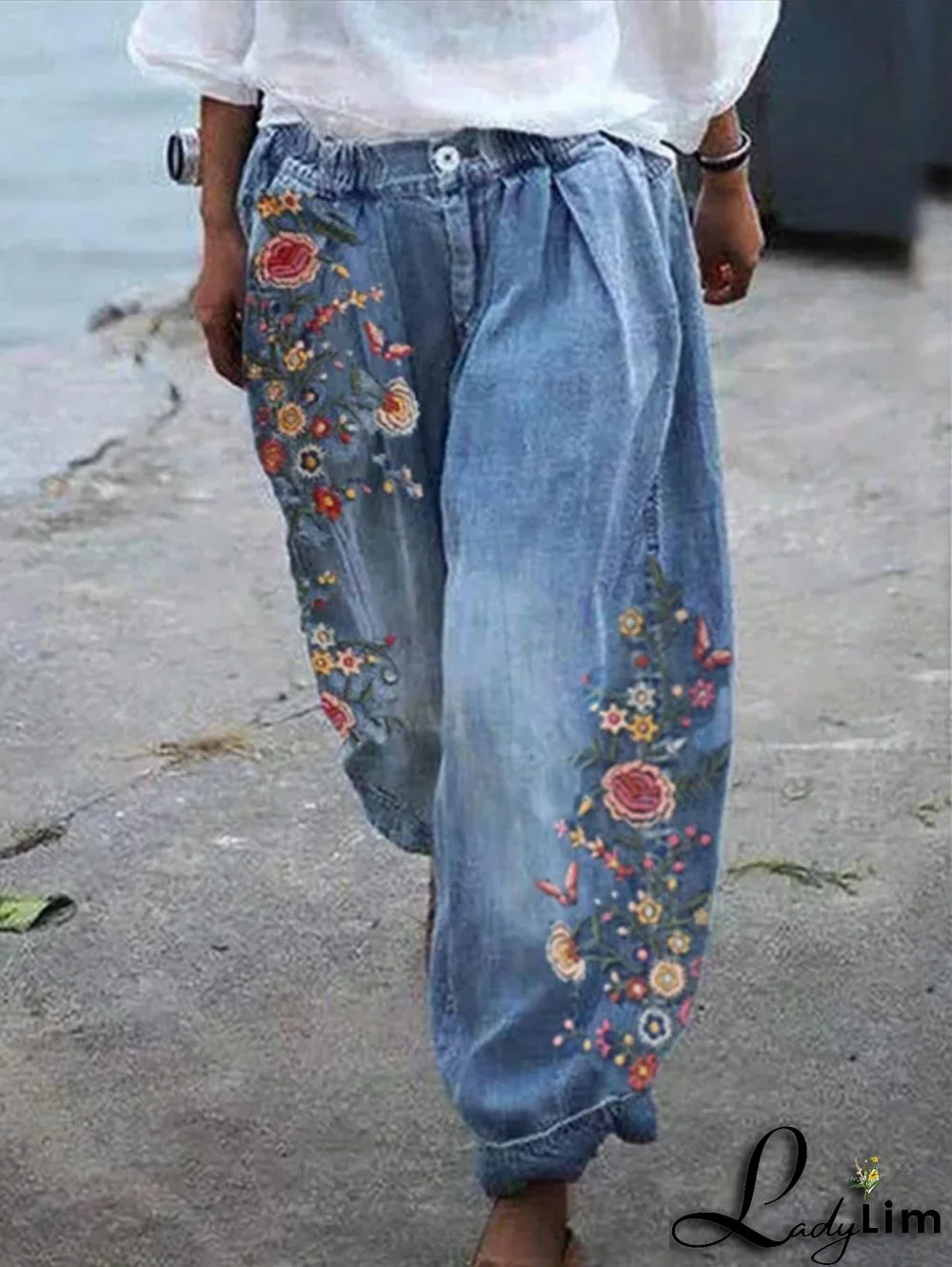 Floral Pattern Wide Leg Elastic Pants