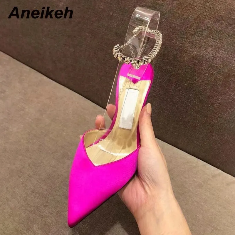 Aneikeh 2021 NEW Summer Silk Ankle Strap Chain Crystal Women's Sandals For Shoes Fashion Shallow Thin Heels Pointed Toe Wedding