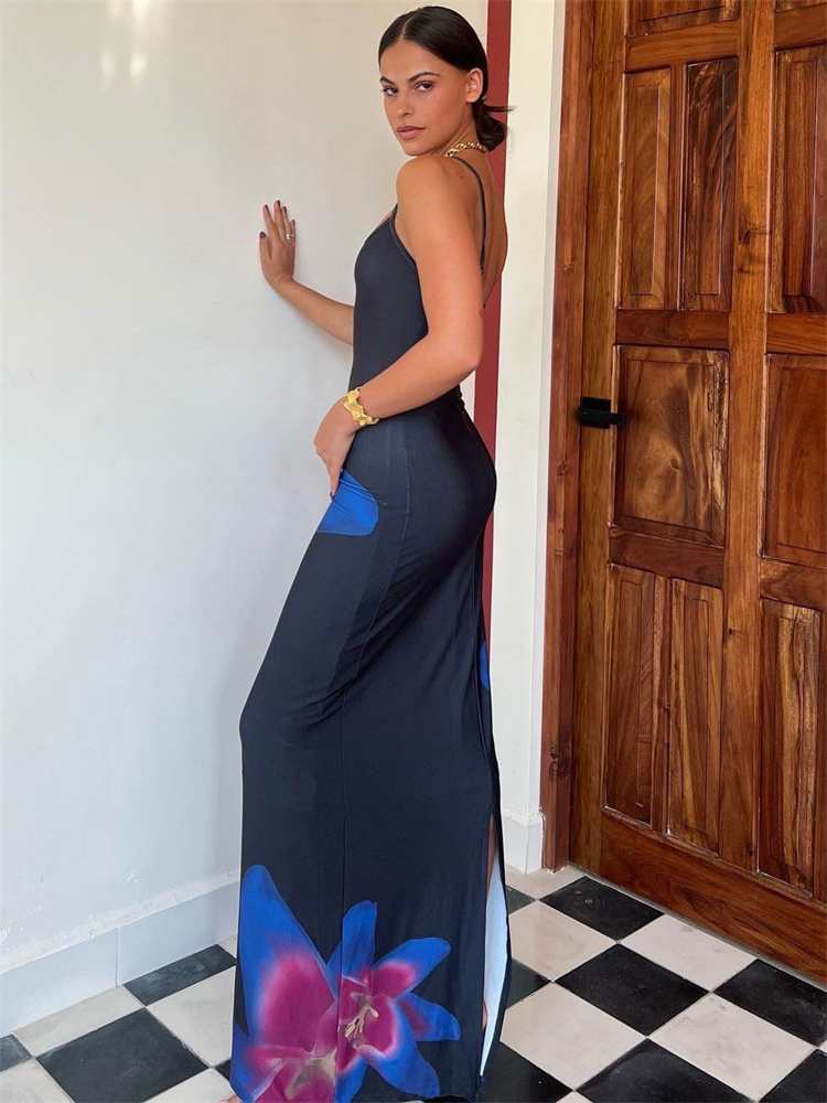 Ootddress Contrast Spaghetti Slim Maxi Dress Female Printed Off-Shoulder Fashion Holiday Beach Dress Patchwork Summer Party Dress