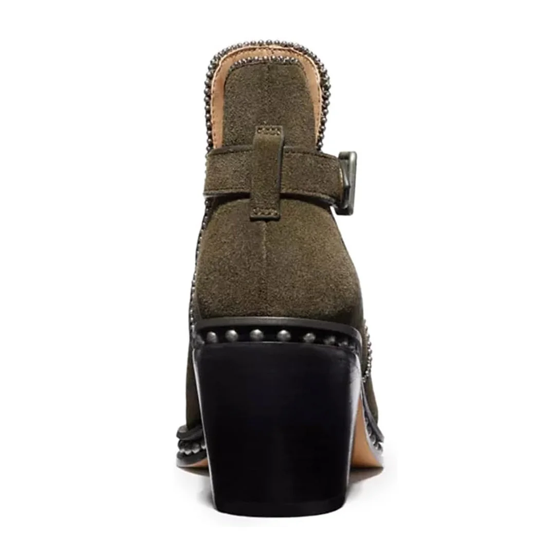 Faux Suede Ankle Strap Studded Olive Chunky Heel Short Boots for Women