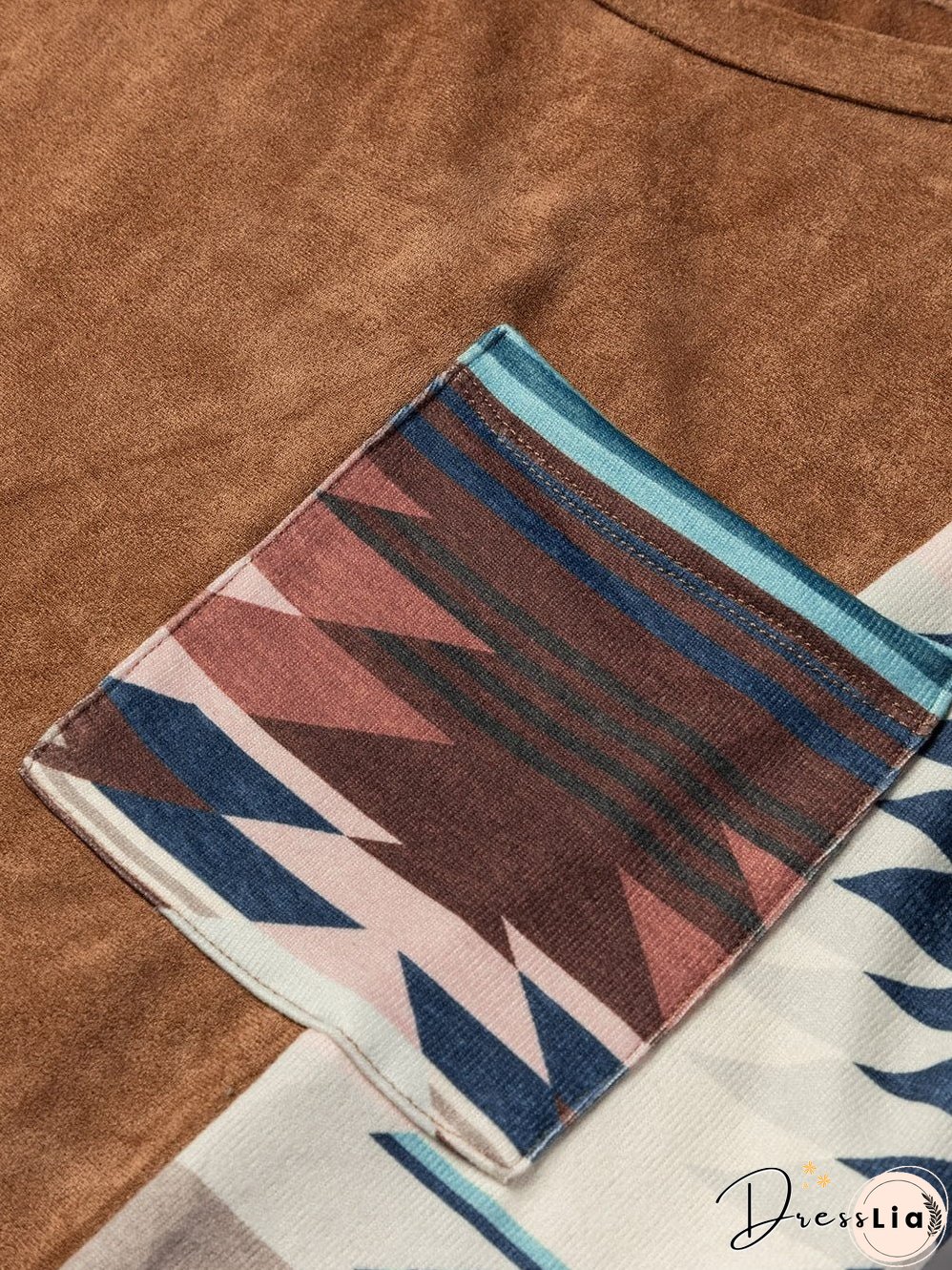 Cozy Brown Aztec Print Patched Pocket Long Sleeve Shirt