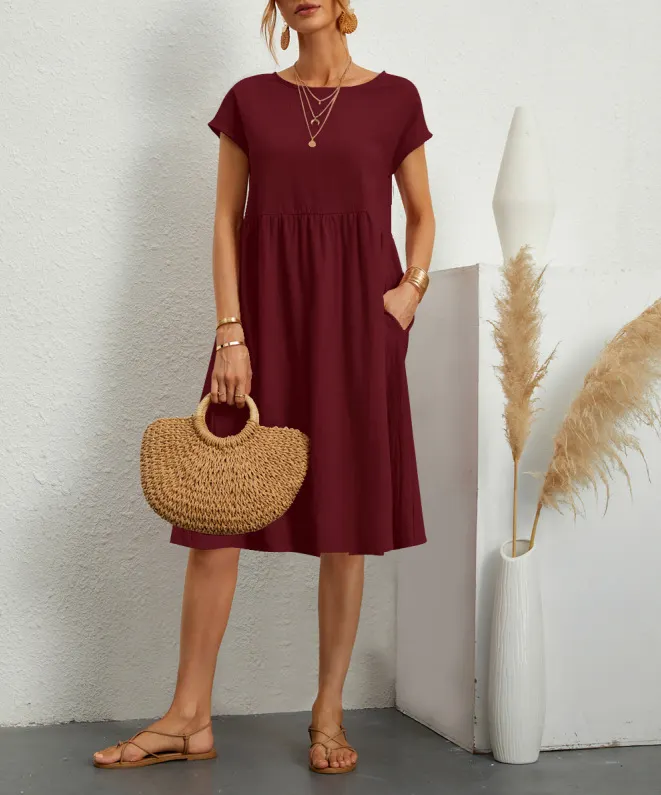 Women Cap Sleeve Pocket Midi Dress Round Neck Loose Casual Cotton Linen Summer Vacation Dress
