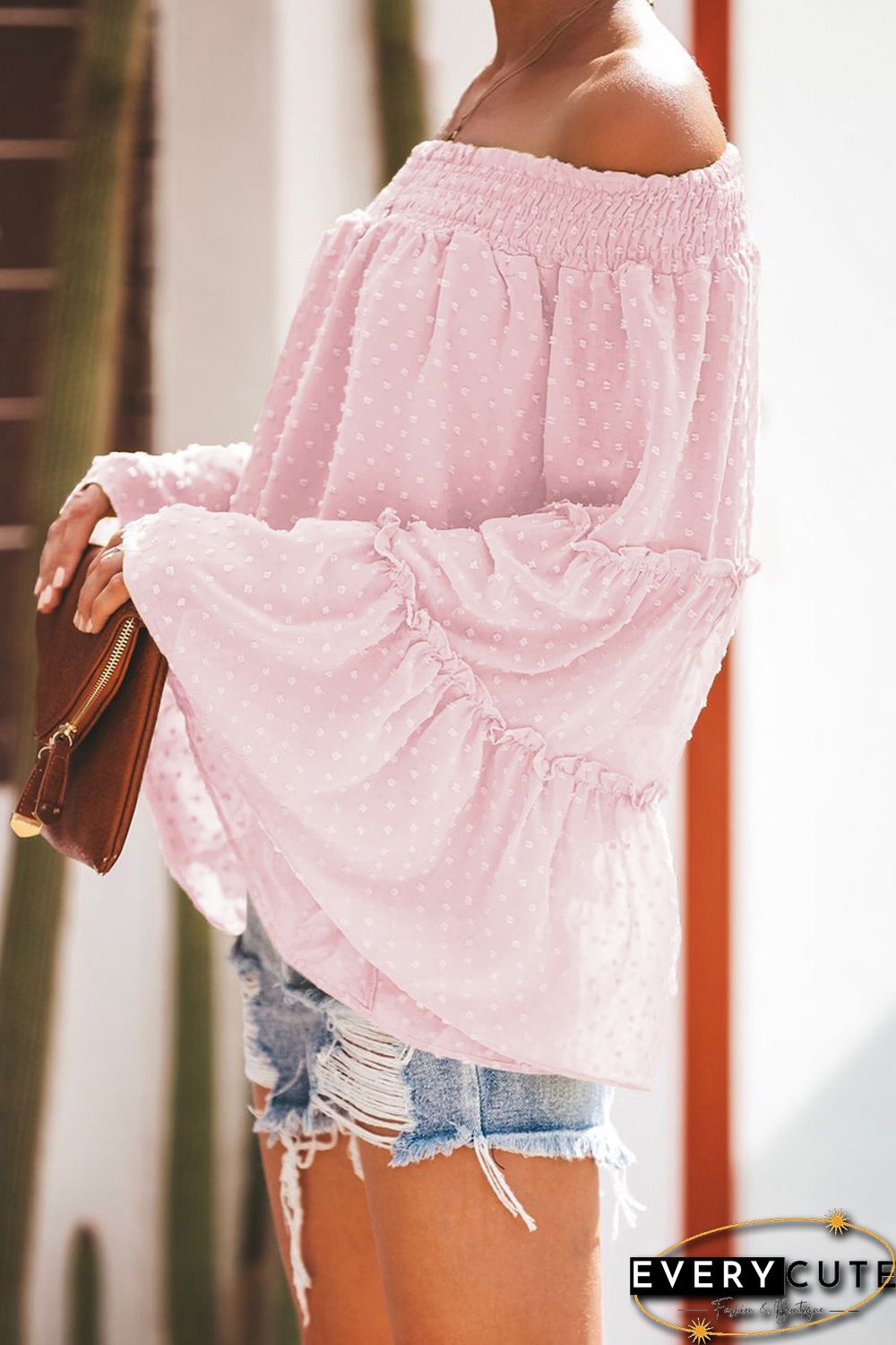 Pink Swiss Dot Off The Shoulder Top
