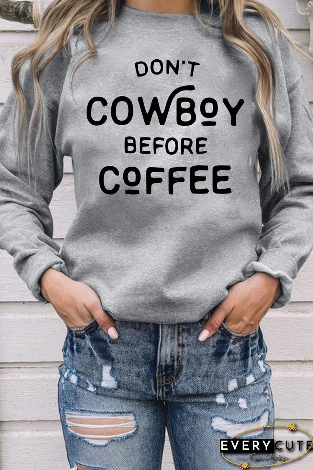 Gray Letter Print Drop Shoulder Crew Neck Pullover Sweatshirt