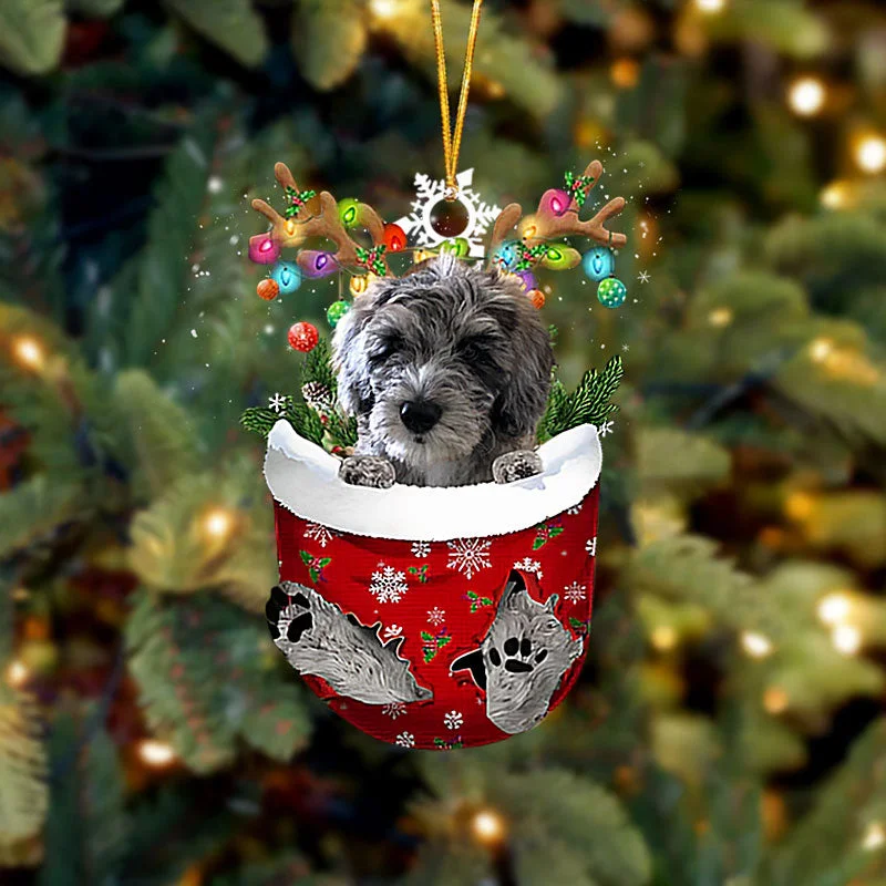 Gray Goldendoodle In Snow Pocket Christmas Ornament.