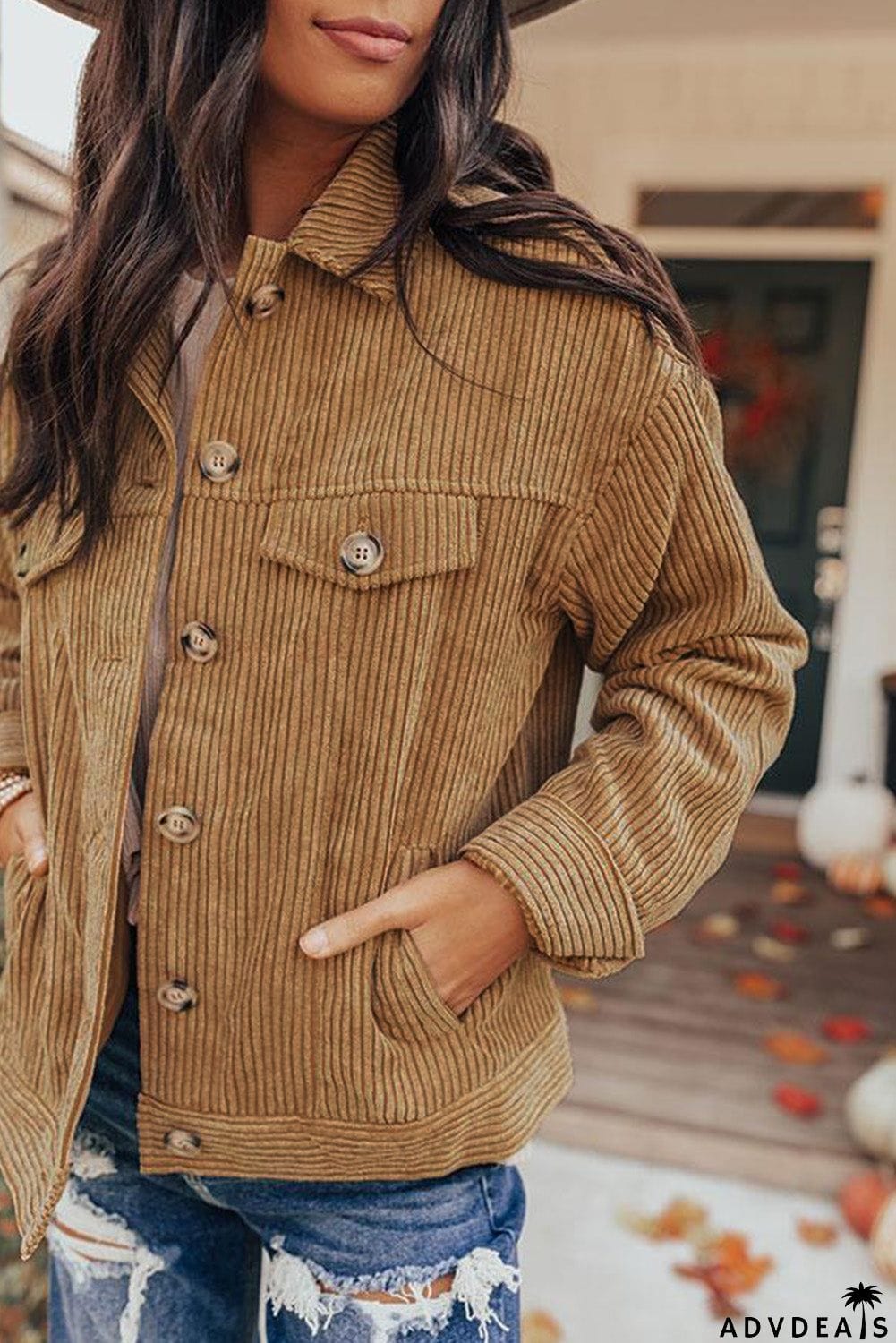 Ribbed Corduroy Long Sleeve Jacket with Pocket