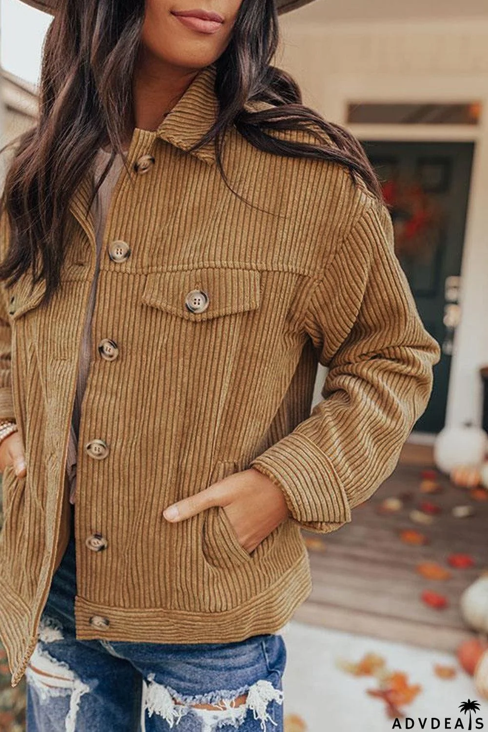 Ribbed Corduroy Long Sleeve Jacket with Pocket