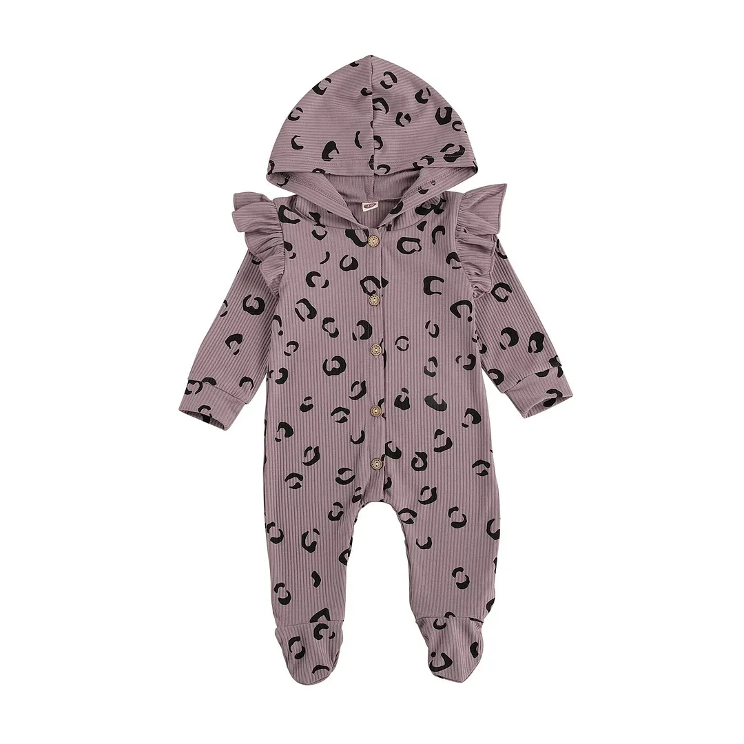Infants Baby Girls Boys Leopard Ribbed Footies Fall Jumpsuit Knitting Hooded Long Sleeve Buttons Home Sports Sleeping Trousers