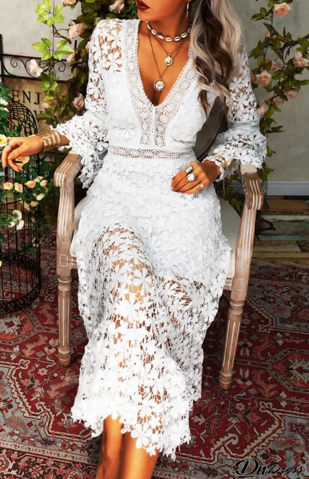 Fall Elegant White Slim Lace V-neck Long Dress