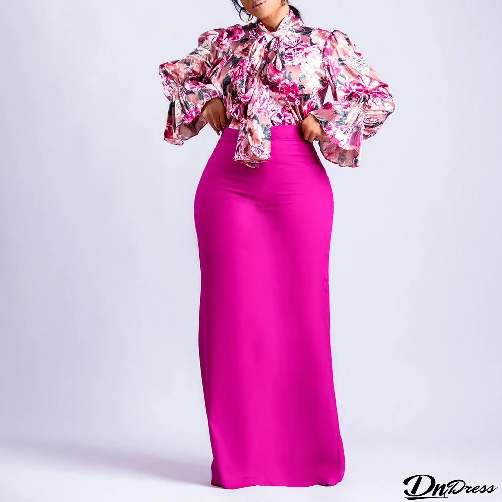 Women Printed Lace-Up Long Sleeve Shirt and Skirt Two-Piece Set