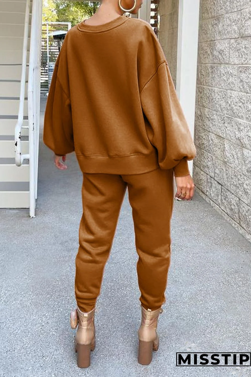 Coffee Casual Solid Patchwork O Neck Long Sleeve Two Pieces