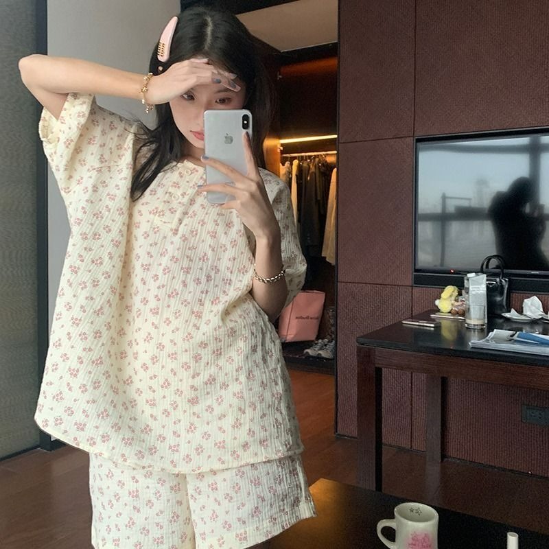 Gamezplane fall 2025 Floral Sleepwear Women Pajama Sets Korean Piiama Sets 2 Pieces Ruffle Night Wears Short Sleeve Pyjamas Summer Home Suit 2025 New