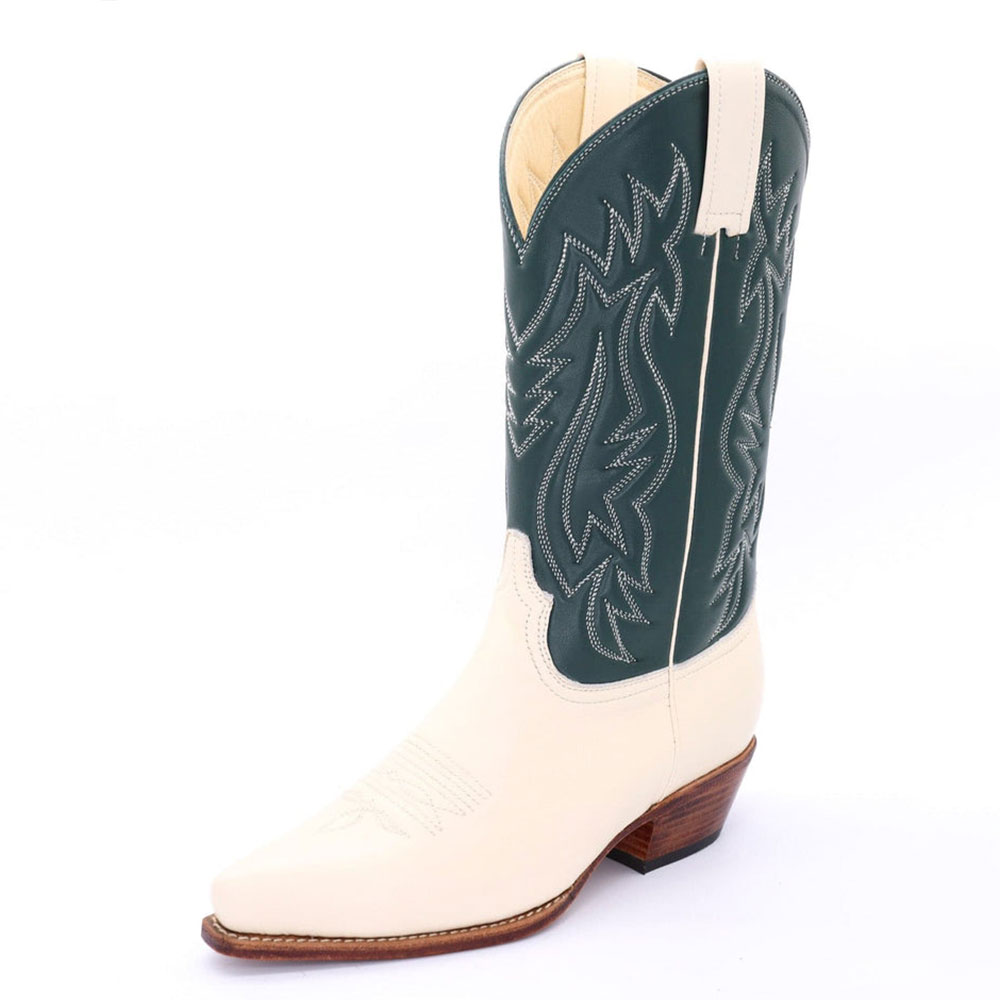 Ivory & Green Snip Toe Low Heel Mid-Calf Cowgirl Boots with Embroidery Nicepairs