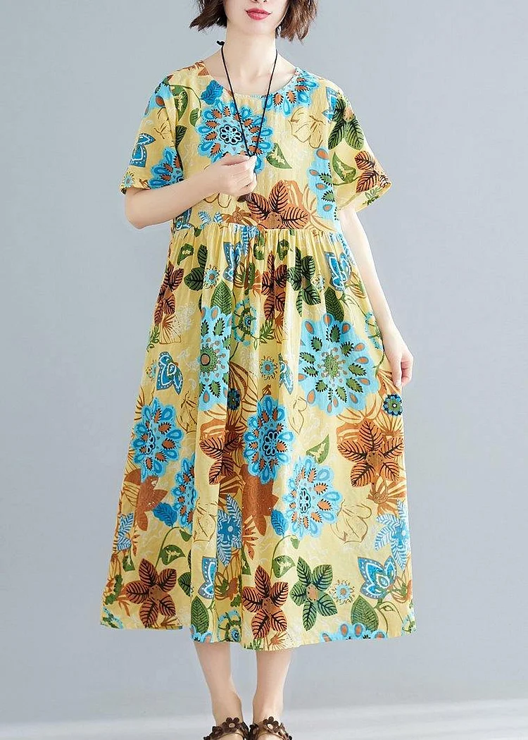 DIY yellow print cotton Tunics o neck patchwork Plus Size summer Dress