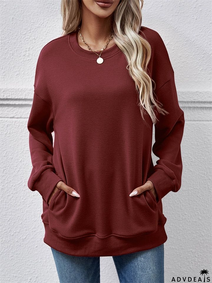 Women's Fleece Loose Round Neck Pocket Tops Hoodies