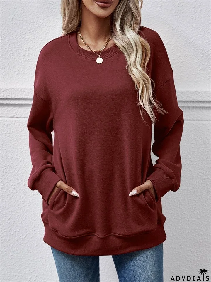 Women's Fleece Loose Round Neck Pocket Tops Hoodies