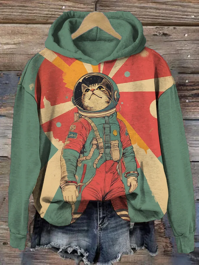 Women's Legendary Cat Astronaut Color Block Art Print Hoodie