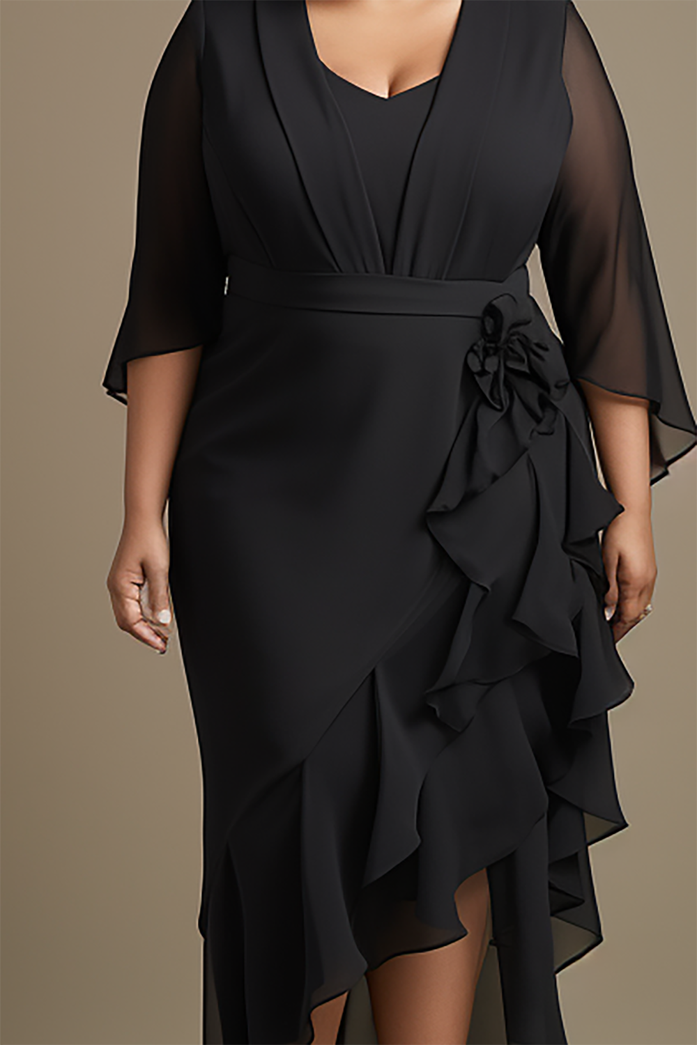 Design Plus Size Mother Of The Bride Elegant Black V Neck 3/4 Sleeve Flounce Midi Dresses [Pre-Order]