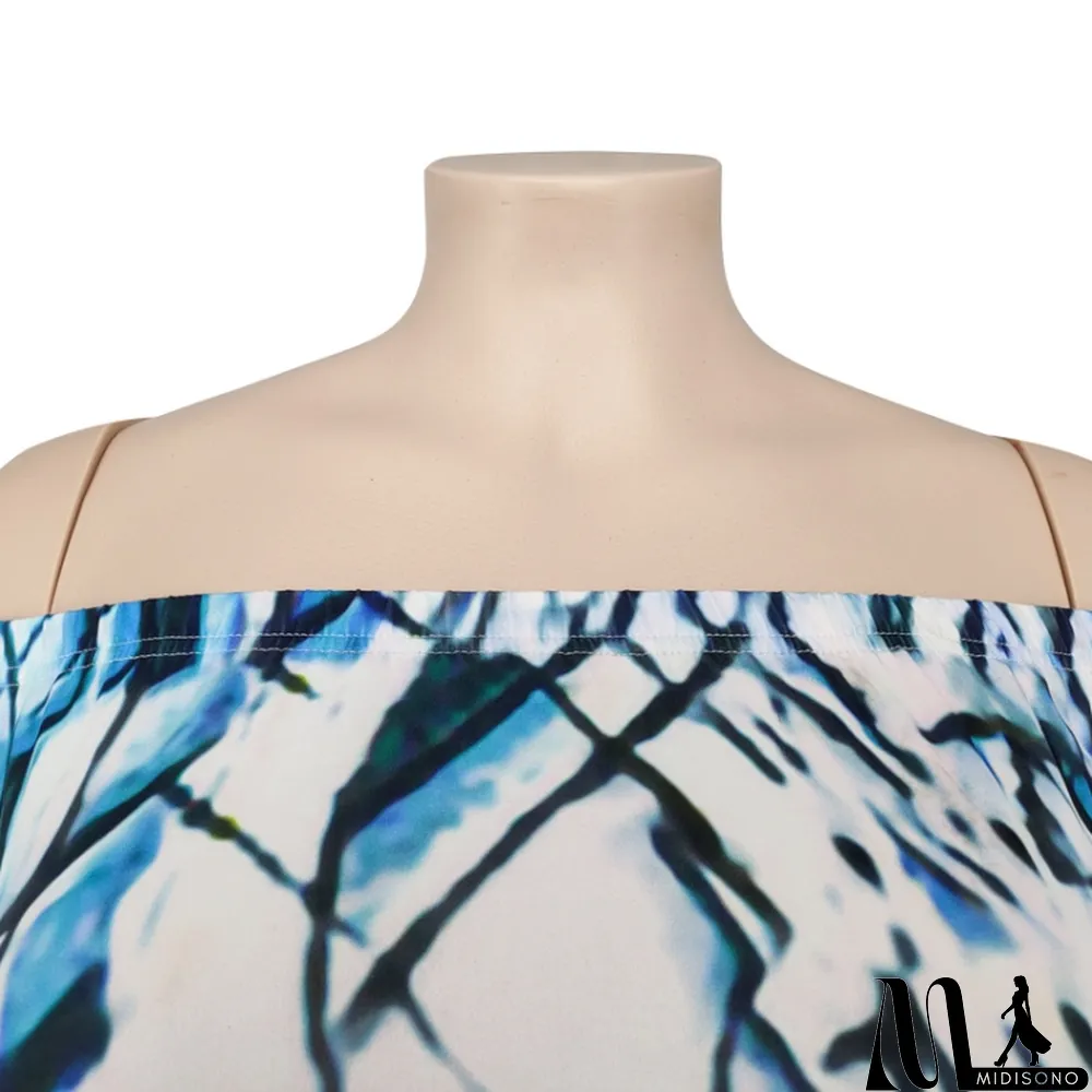 MidiSono - Autumn Plus Size Printed White Off Shoulder Puff Sleeve Long two piece skirt set