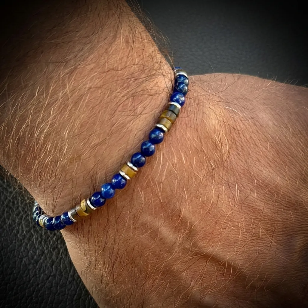 The Voyager: Lapis Lazuli & Picture Jasper Flat Bead Bracelet Royal Lapis Lazuli