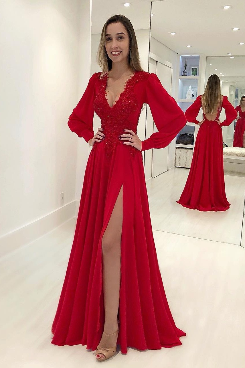 Ovlias Breathtaking Red Long Sleeve Backless V Neck Split Prom Dress LY0473