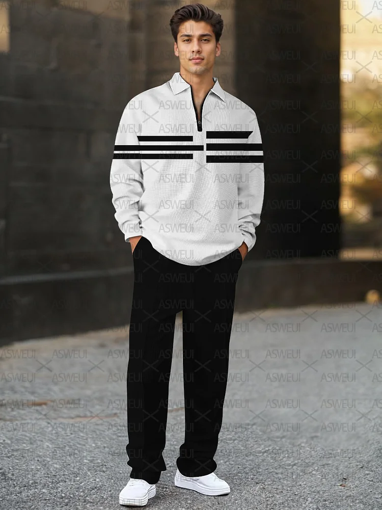 Men's fashion casual zipper polo long-sleeved two-piece set
