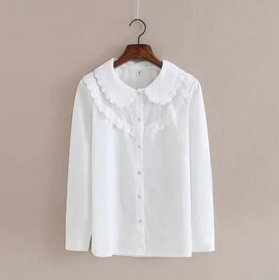 Fashion Female Cotton White Blouses Peter Pan Collar Casual Shirt Ladies Tops School Work Blouse Women Plus Size S-XXL T58348