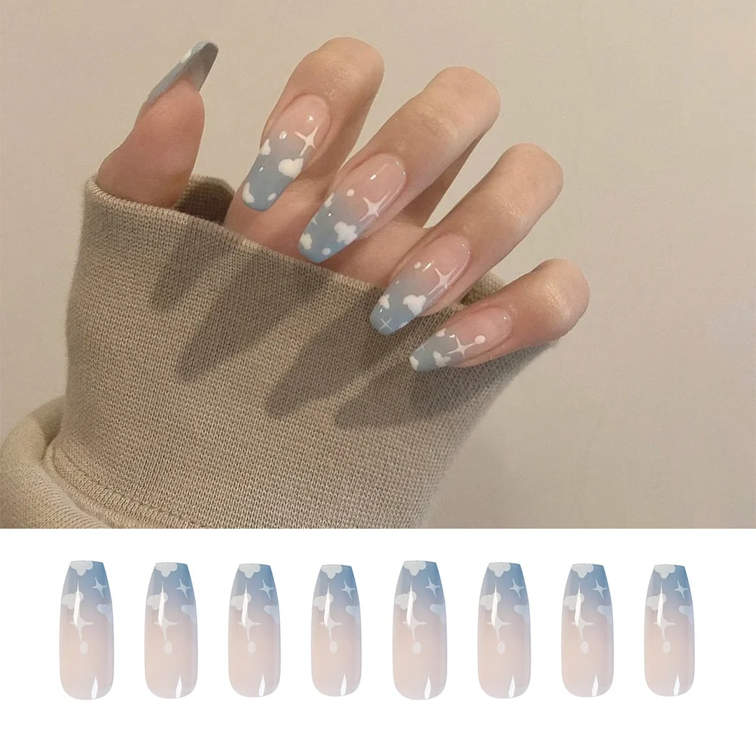 24pcs Blue Clouds Wear Long Paragraph Fashion Manicure Patch False Nails Save Time Wearable Nail Patch Full Cover Manicure Tool-Nail Inspo