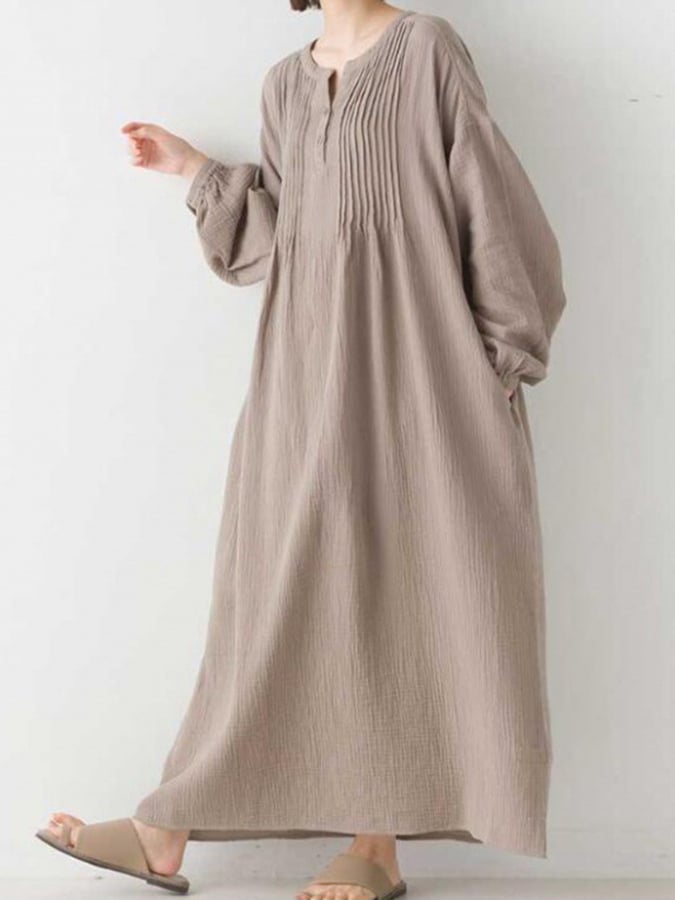 Women's Solid Color Simple Pleated Patchwork Button Cotton And Linen Casual Dress