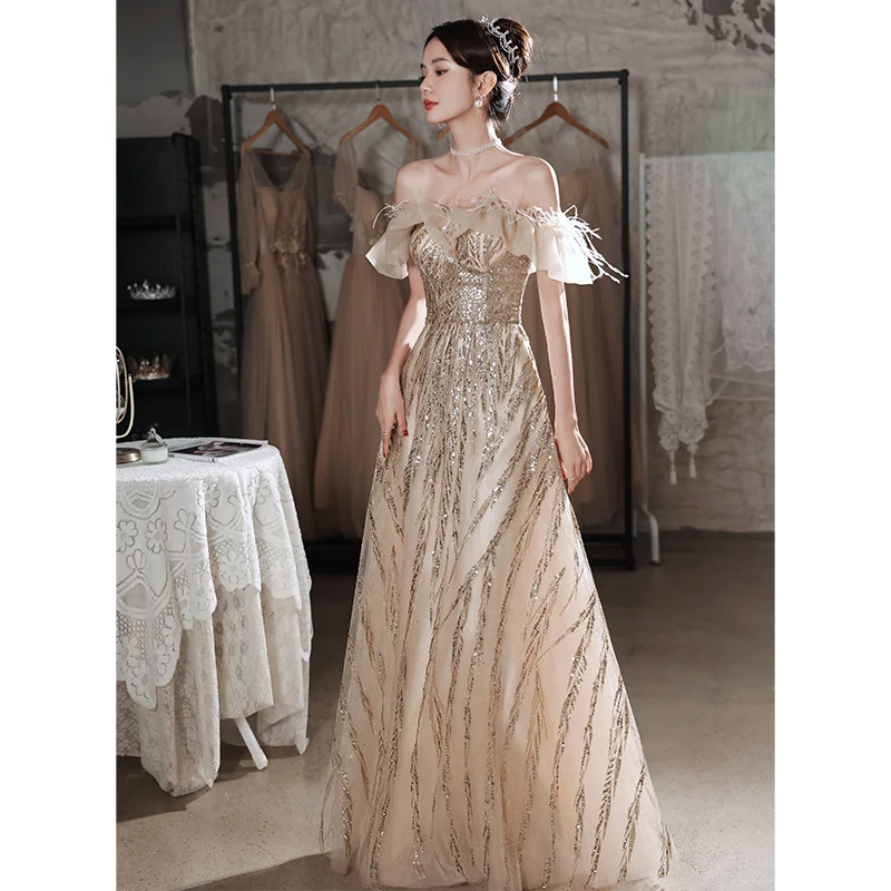 Abebey-nye outfits Evening Party Dresses for Women Off The Shoulder A-line Skirt Arabic Fashion Champagne Feather Women's Maxi Prom Dress Vestidos-back to school dress 2025