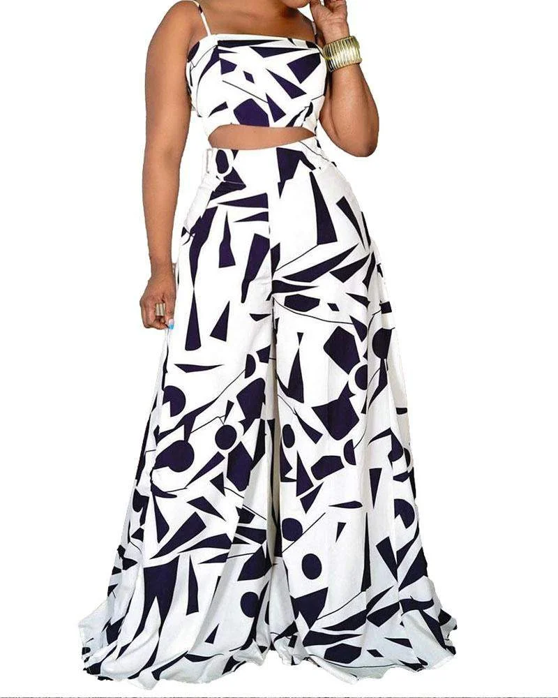 Suspender Wide Leg Flared Trousers Printed Suit