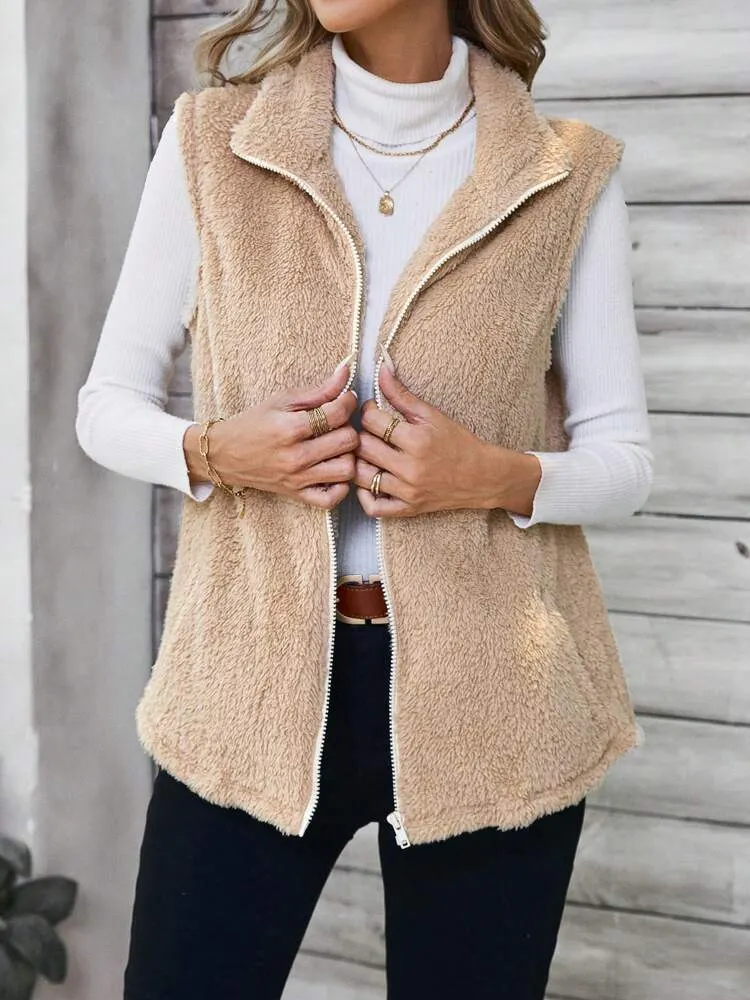 Women's Casual Solid Color Stand Collar Sleeveless Fluffy Jacket, Autumn/Winter